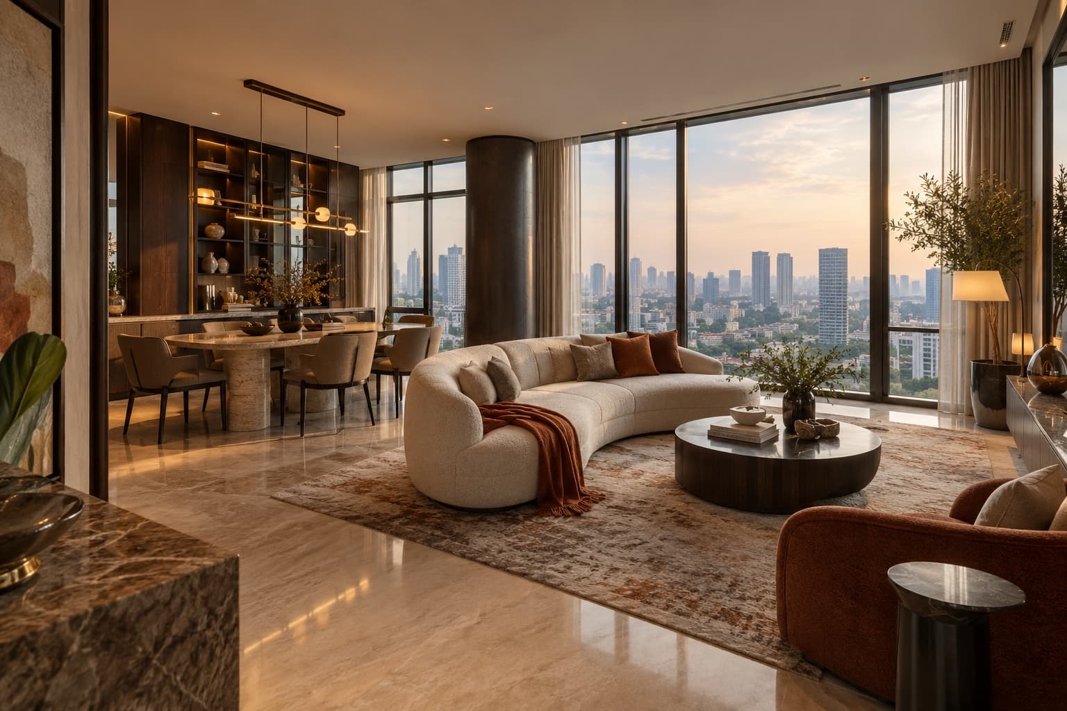 Visual demonstrasi interior apartemen modern dengan cahaya sore