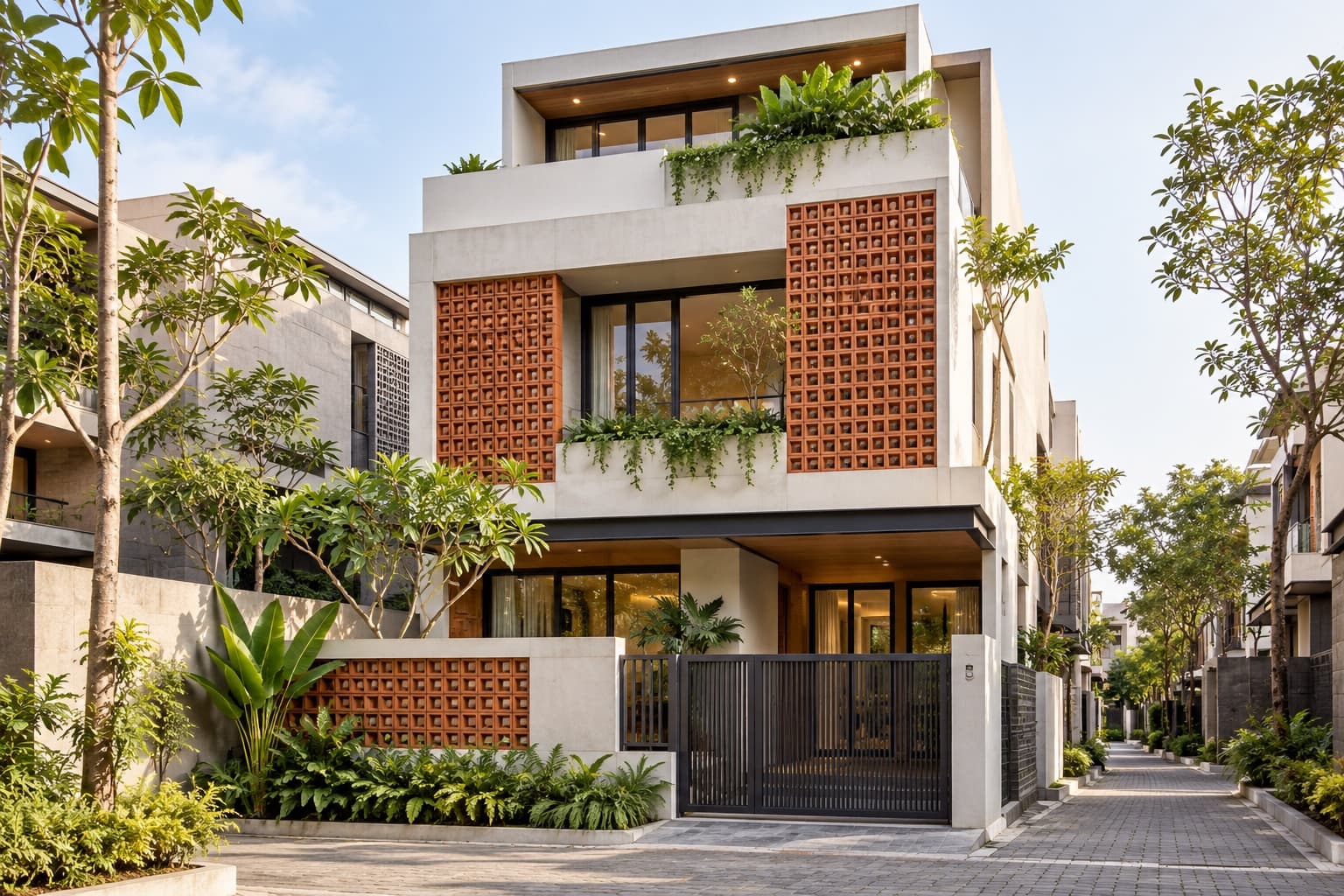 Visual demonstrasi rumah kota modern dengan kisi terakota