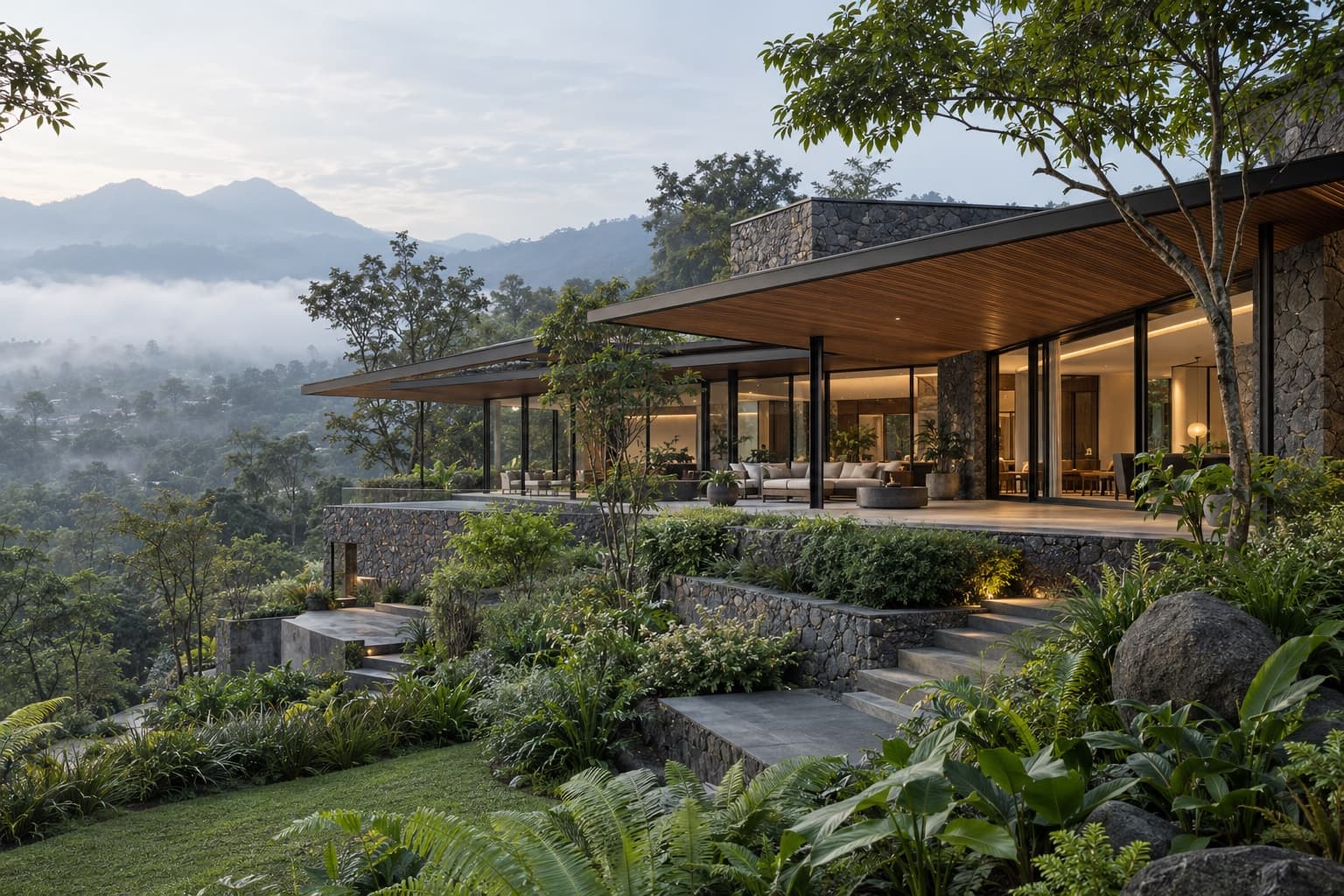 Visual demonstrasi vila pegunungan modern di tengah lanskap hijau