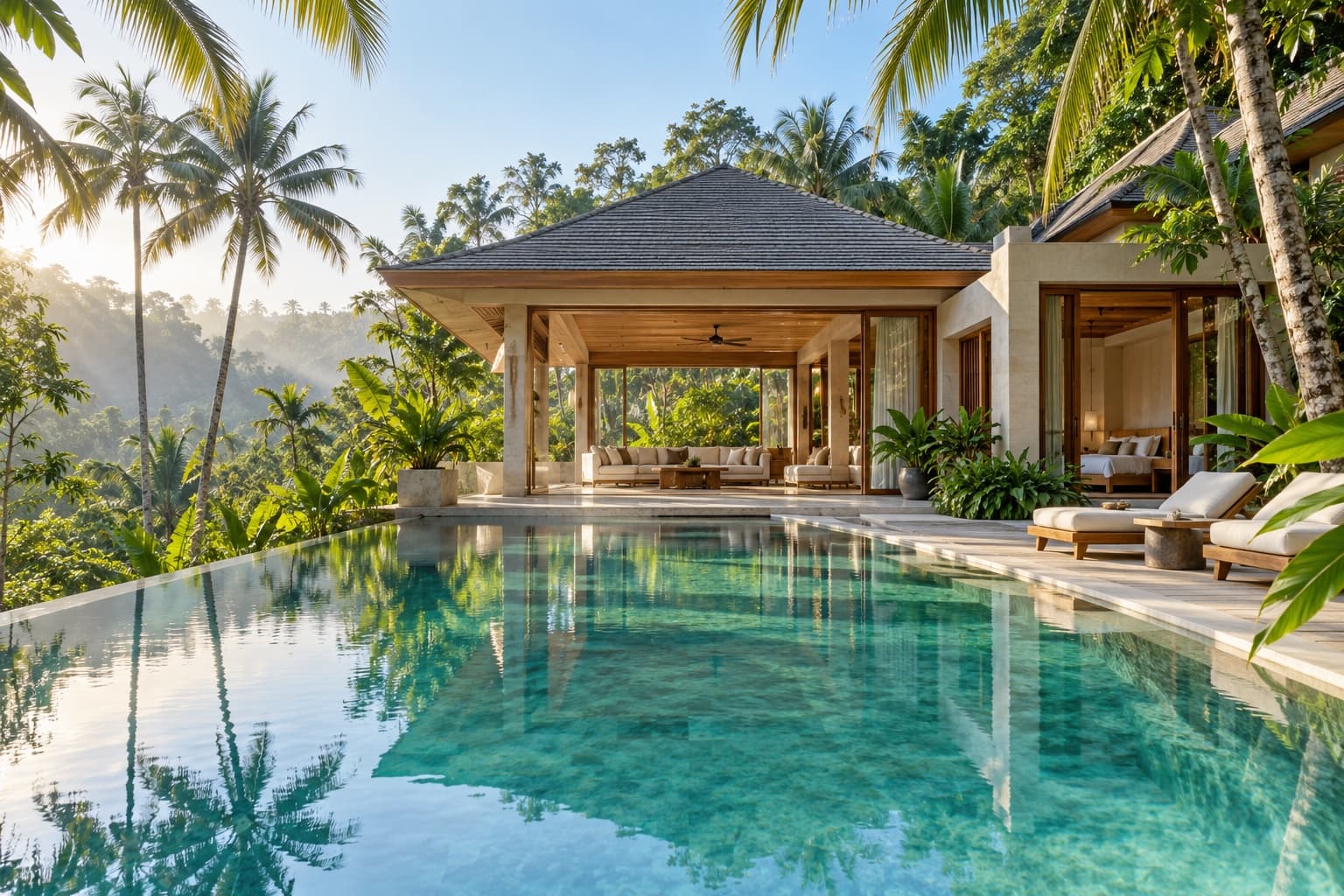 Visual demonstrasi vila tropis dengan kolam renang infinity